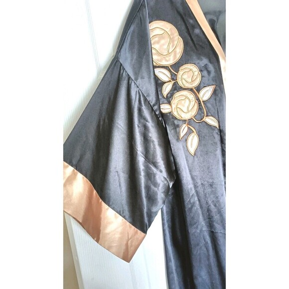 Serenada Satin Kimona Robe Plus Size 1X Black Gold Floral Embroidery Long Satin - Picture 4 of 7